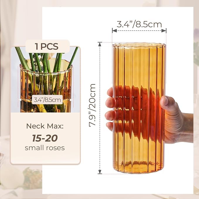 ComSaf Glass Cylinder Vase 8 Inch Tall, Amber Ribbed Decor - Image 3