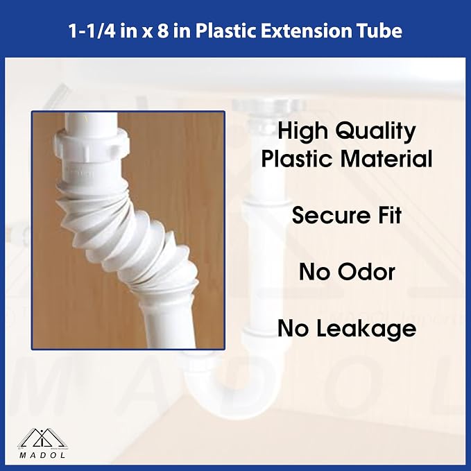 Plastic Drain Extension, 1-1/4 inch x 8 inch White Flexible tube - Image 3