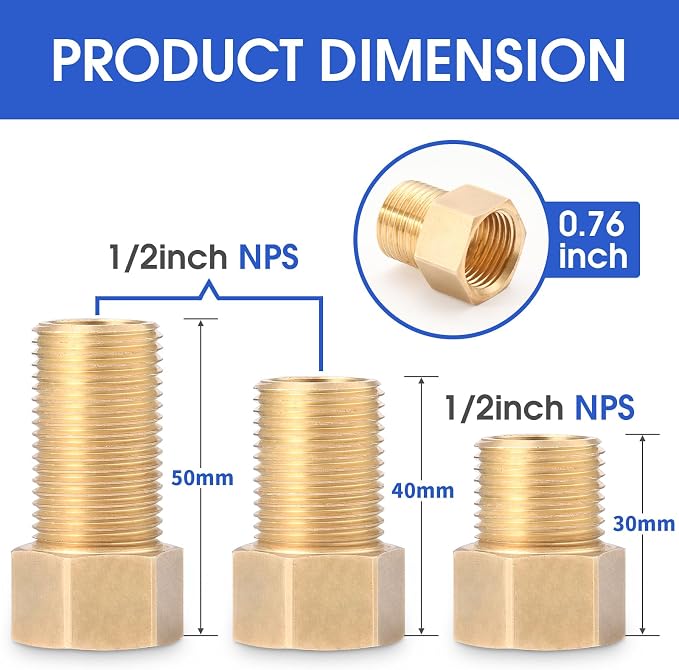 3 Pack Brass Pipe Fittings 1/2 Male Thread to Female Thread Pipe Extension - Image 3