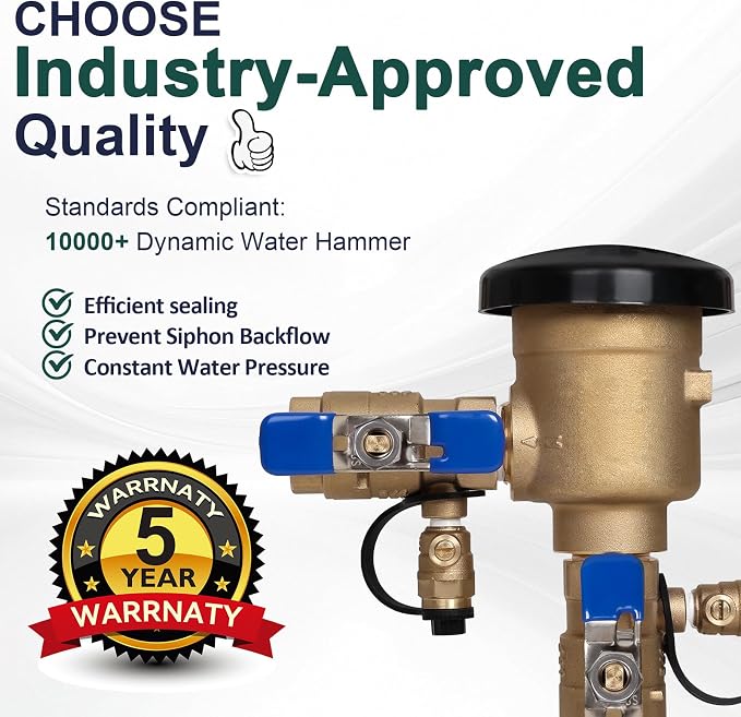 1/2" Brass Pressure Vacuum Breaker, Max 400PSI Sprinkler Backflow Preventer - Image 2