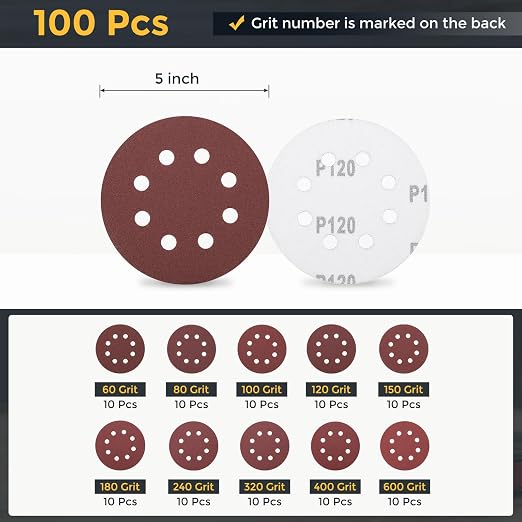 HARFINGTON 100Pcs 5Inch Sanding Disc 8 Hole Hook and Loop Sandpaper Red | - Image 2