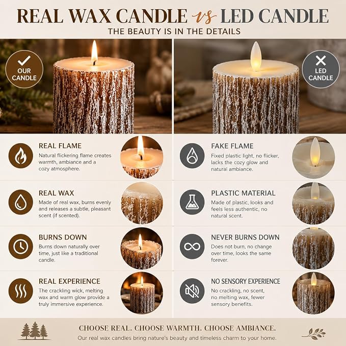 Rustic Pine Tree Pillar Candle Set of 3, Unscented Home Decor | Assorted Size - Image 6