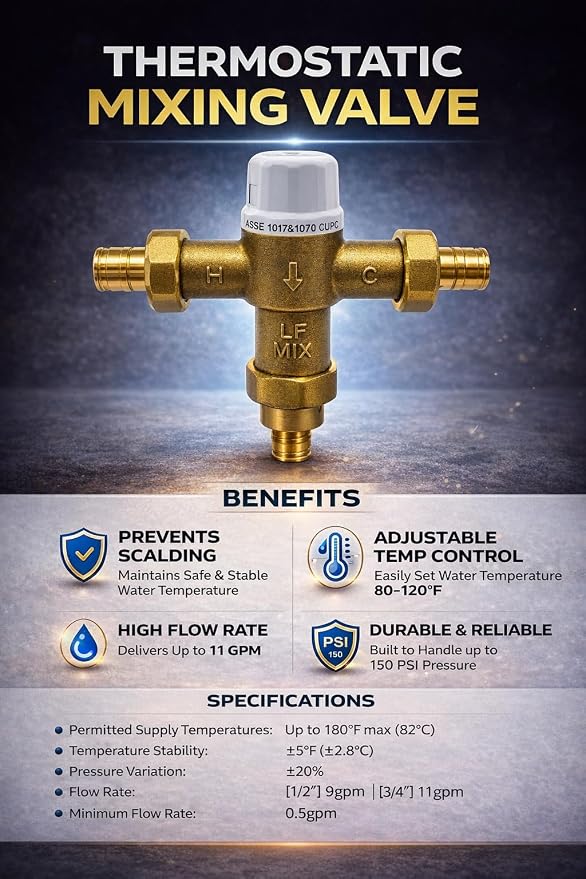 1/2" F1807-PEX Thermostatic Mixing Valve, Cert: ASSE, NSF | TMV, Precise water - Image 9