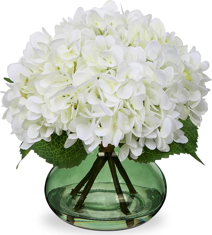 Hollyone White Hydrangeas Floral Arrangement in Glass Vase Artificial Flowers by Hollyone
