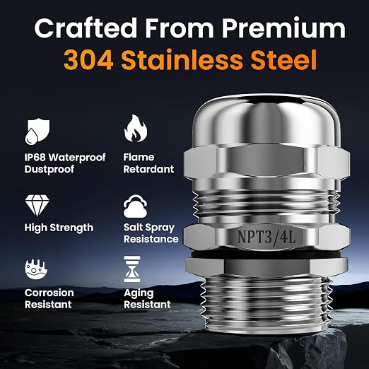 QILIPSU 10pcs 3/4" NPT 304 Stainless Steel Cable Gland Waterproof IP68 Metal - Image 2