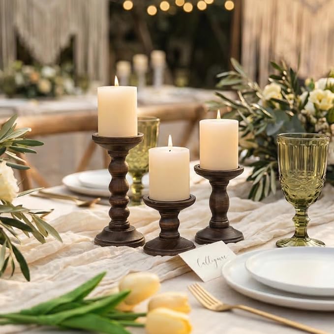 Romadedi Wood Candle Holders for Pillar, Dark Brown, Farmhouse Candle Stand - Image 2