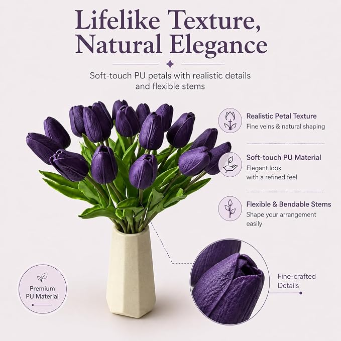 Mandy's 20pcs Artificial Dark Purple Tulips | 13.5 Inch Lifelike PU Tulips Faux - Image 2