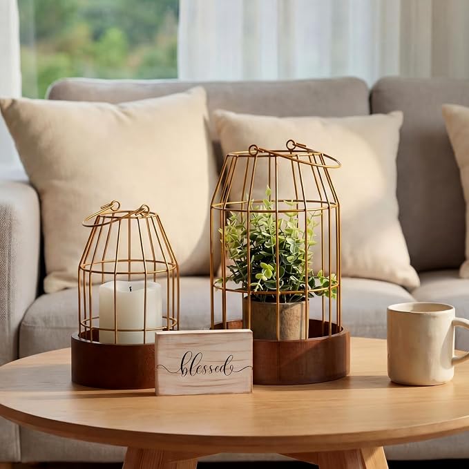 Modern Rustic Farmhouse Candle Lantern Set of 5, Burlywood | Decorative - Image 7