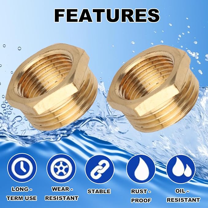9pcs Brass Reducer Hex Bushing, 1/2" NPT Male to 3/8" NPT Female Adapter | - Image 5