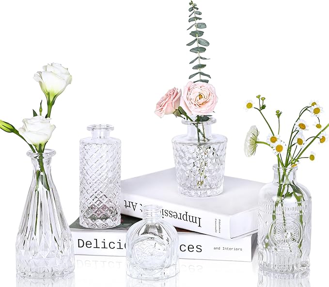 UPBUD Clear Glass Bud Vases Set of 5, Mini Flower Vase by UPBUD