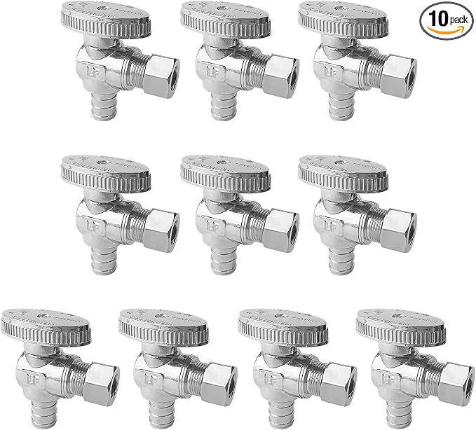 10-Pack Angle Stop Valve, 1/2" PEX x 3/8" OD Compression, 1/4 Turn | Brass by SUNGATOR