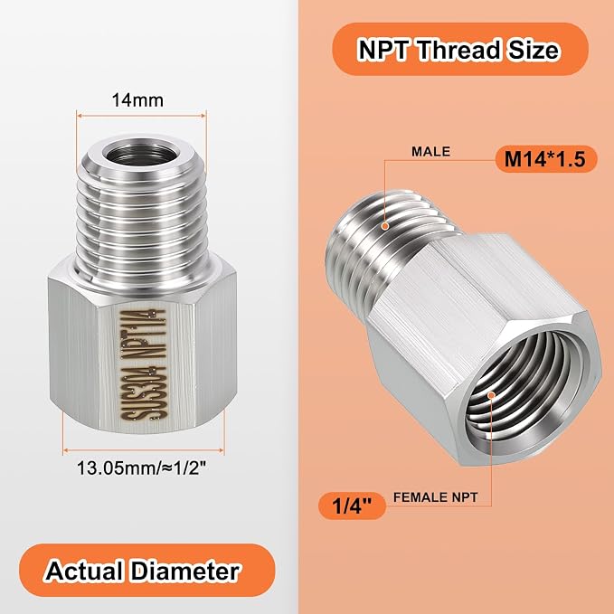 1 Pack 304 Stainless Steel Male to FeMale Adapter, M14*1.5 Male x 1/4" FeMale - Image 2