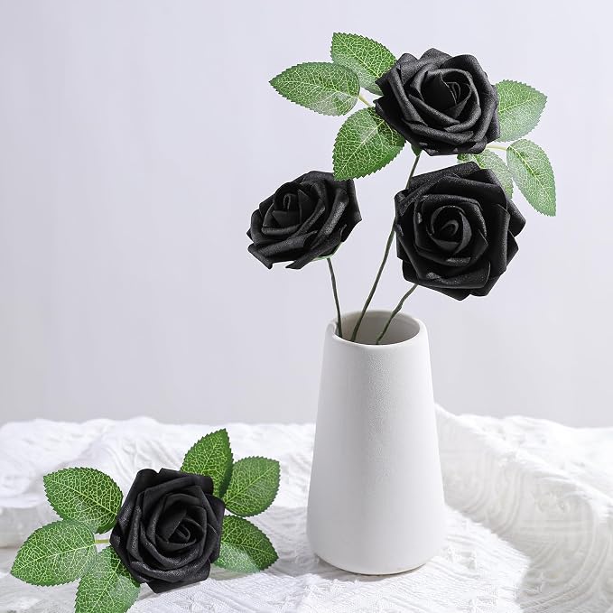 AmyHomie Black Rose 25pcs Real Looking Artificial Flowers w/Stem | Bouquet - Image 6