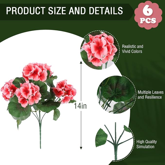 Hananona 6 Pcs Artificial Geranium Flowers - Image 2
