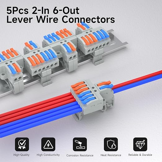 5Pcs Lever Wire Connectors, 2 in 6 Out, 4-2.5 mm² | 4-2.5 mm² Quick Wiring DIN - Image 2