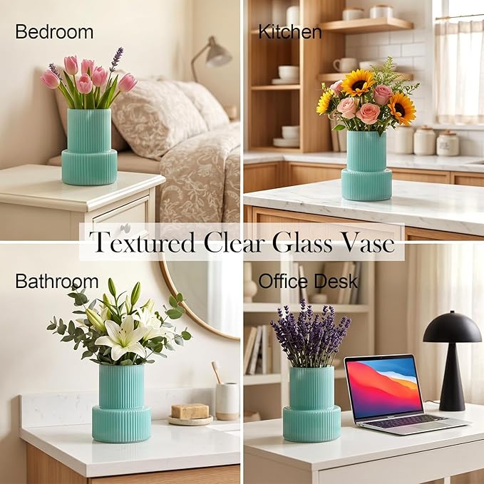 Green Ribbed Glass Vase, Modern Design Flower Vase | Home Decor - Image 3
