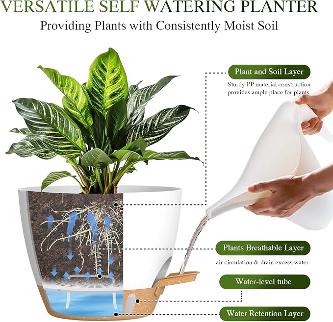 Self Watering Pots with Drainage Holes, 3 Pack 12/10/8 Inch Plant Pots with - Image 3