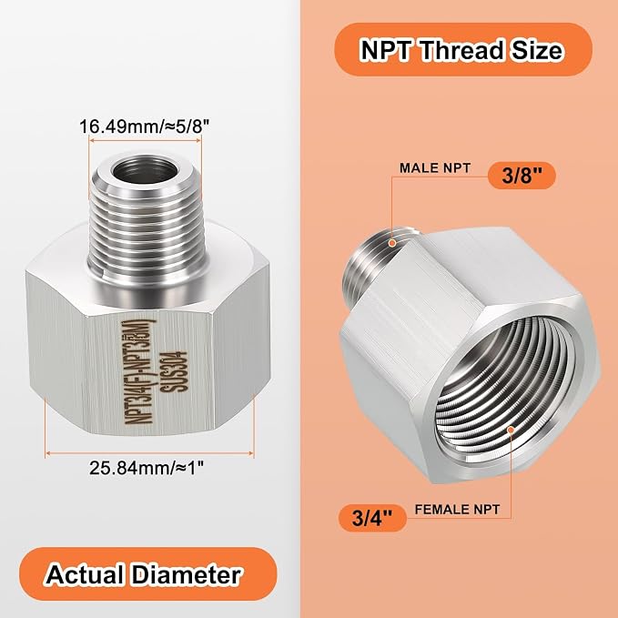 2 Pack 304 Stainless Steel FeMale to Male Adapters, 3/4" FeMale NPT x 3/8" Male - Image 2