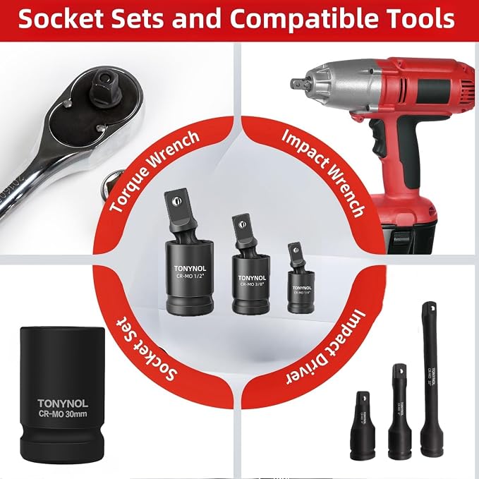 TONYNOL 3 PCS 1/4IN, 1/2IN Drive Universal Joint Socket Set | CR-MO Steel - Image 5