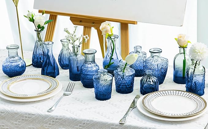 Blue Glass Bud Vase Set, Mini Single Vintage Design - Image 2