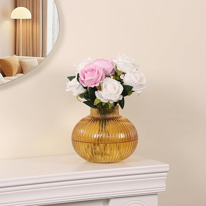 Amber Glass Vase for Tulips, Ribbed Glass Vase for Flowers, Round Flower Vases - Image 6