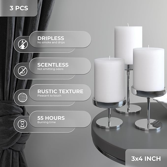 3x4 inch Pillar Candles Set of 3 – Unscented Dripless Rustic White Candles - Image 2