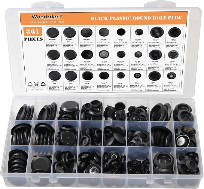 361pcs Flush Mount Black Plastic Hole Plug Assortment by Woodzdon