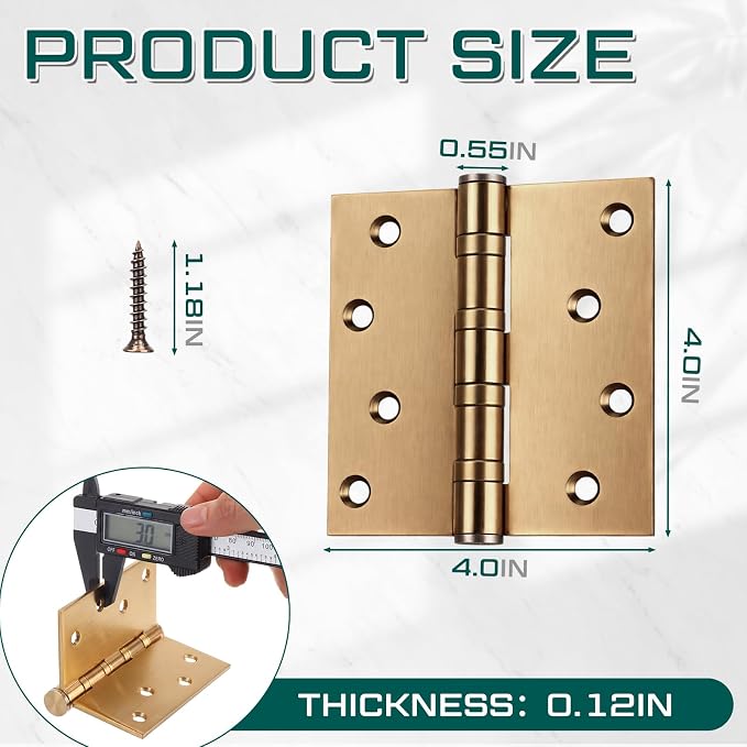 6 Pcs Brass 4'' Ball Bearing Door Hinges, Square Corner | Stainless Steel - Image 2