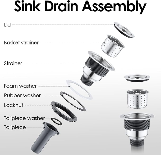 3-1/2-inch Kitchen Sink Drain, 304 Stainless Steel Removable Deep Basket - Image 7