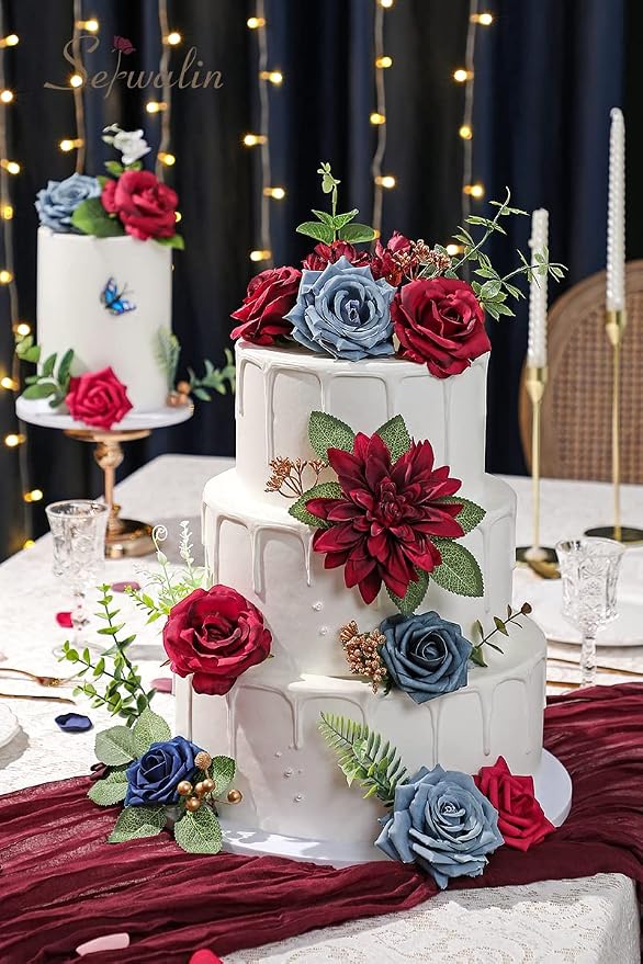 Serwalin Artificial Flowers Burgundy Navy Dahlia Silk Flowers - Image 4