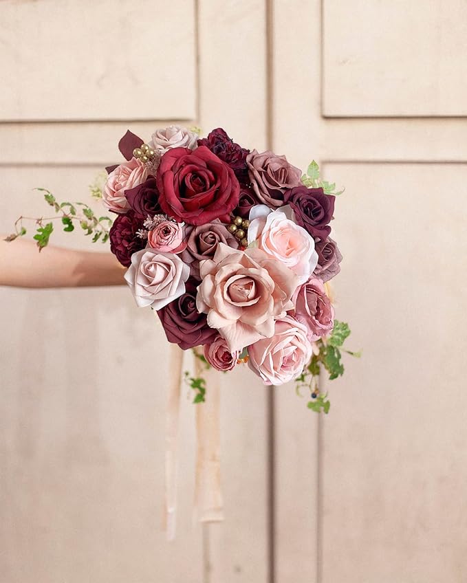 FACINOC Roses Artificial Flowers Burgundy Red Bouquet Fake Flower Bulk | DIY - Image 5