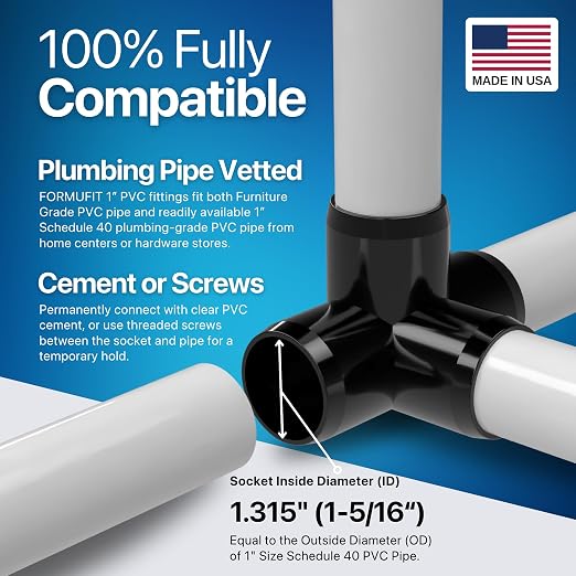 1” 4-Way Tee Furniture Grade PVC Fitting in Black, Made in USA, UV-Resistant - Image 6