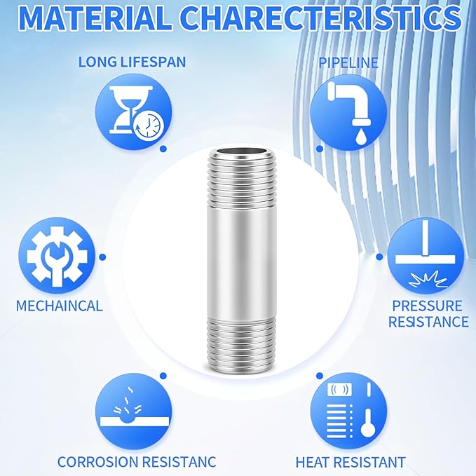 ChillWaves 304 Stainless Steel Pipe Fitting, Nipple Cast Pipe 3/8" NPT Male x - Image 5