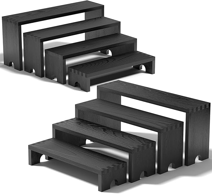 2 Set Black Wooden Tiered Riser Display Stands by Unknown