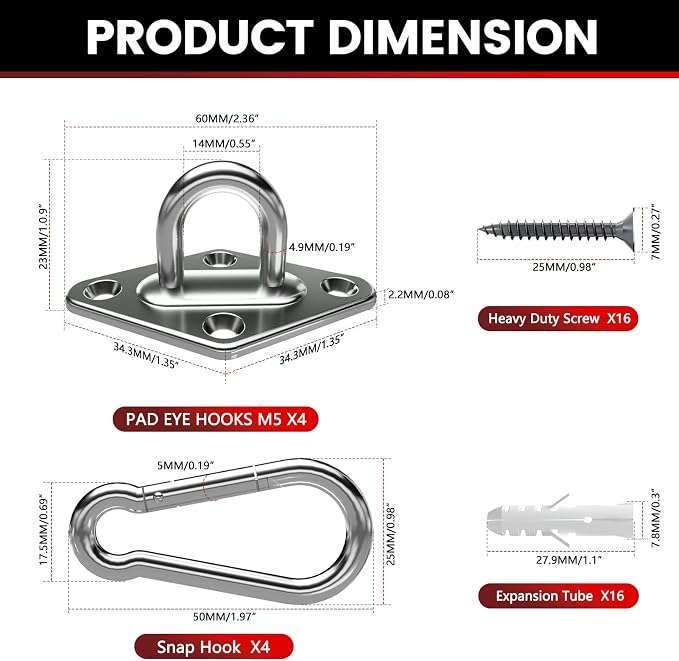 304 Stainless Steel Pad Eye Snap Hook, M5 Ceiling Hook 500Lb, Yoga Gym Equipment - Image 4