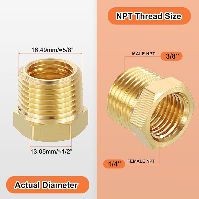 1 Pack Male to FeMale Adapters, 3/8" Male NPT x 1/4" FeMale NPT Brass Hex - Image 2