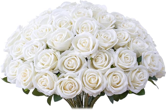 30 PCS Fake White Roses, Artificial White Flowers Bulk, Silk Faux Roses | by Jefuzh