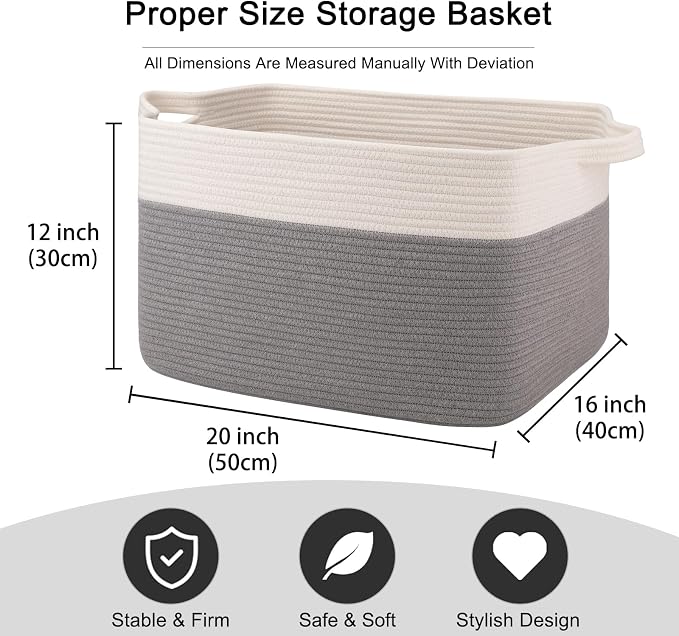 OIAHOMY Large Blanket Basket, 65L Cotton Rope Woven Laundry Basket, Toy Bin - Image 3