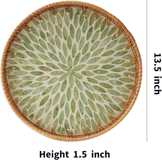 Round Rattan Tray with Mother of Pearl Inlay, Rattan Serving Tray with Wooden - Image 7