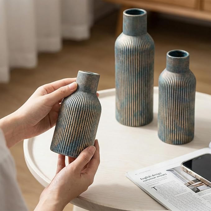 Vintage Blue Ceramic Flower Vases Set of 3, Modern Matte Vertical Ribbed - Image 6
