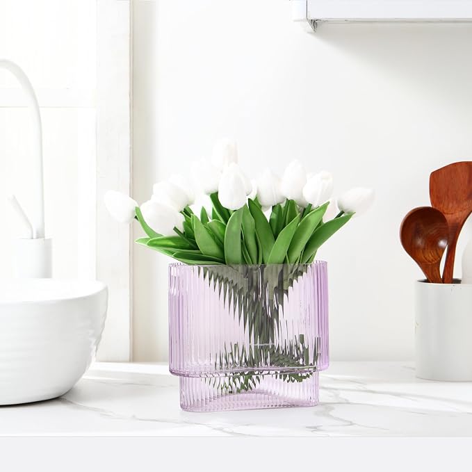 Ribbed Vase, Modern Vases for Living Room, Dining Table, 7 Inch - Image 4