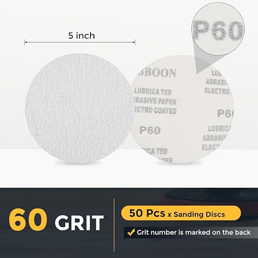 HARFINGTON 50 Pcs 5 Inch Sanding Disc 60 Grit White Aluminum Oxide | Hook and - Image 2