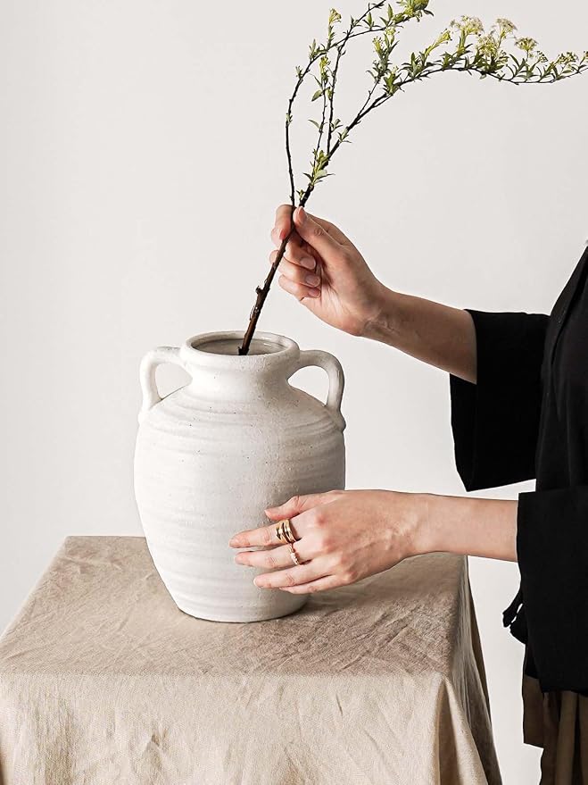 White Ceramic Vase with Handles, Farmhouse Rustic, Sandstone White | Decorative - Image 4