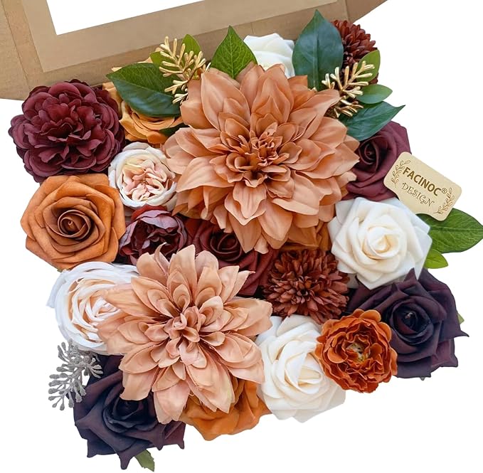 FACINOC Roses Artificial Flowers Orange Bouquet Fake Flower Dahlia Box Set | by FACINOC