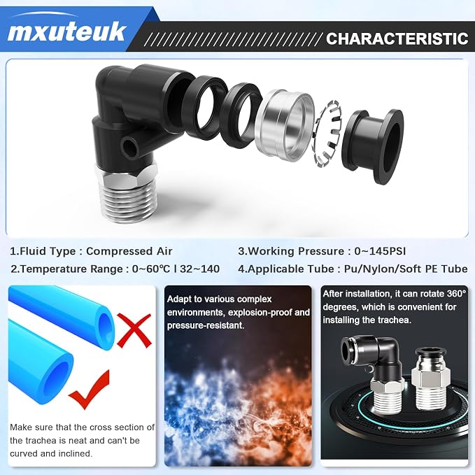 mxuteuk 1/4" Push to Connect Fittings, 1/4" OD to 1/4" NPT Air Hose Fittings - Image 4