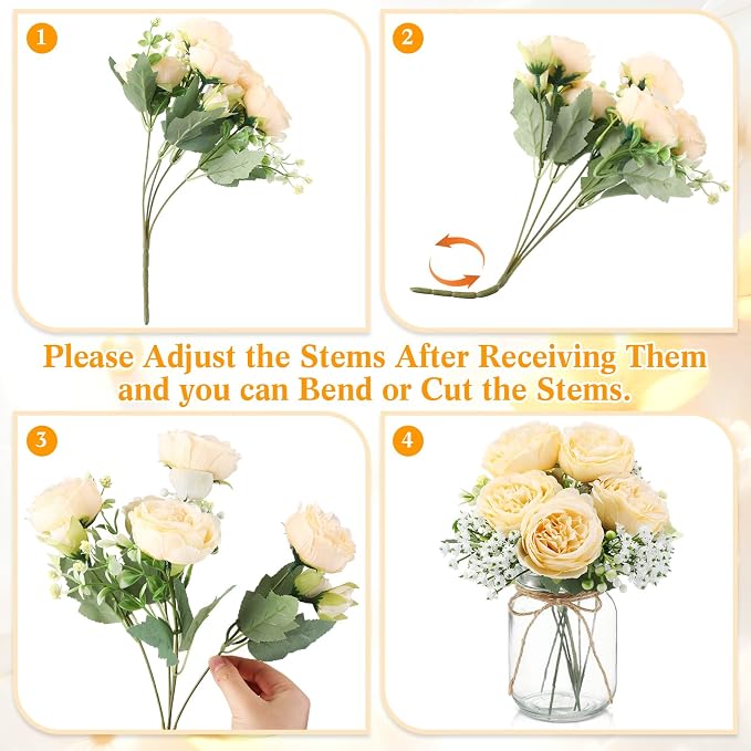 12 Sets Mason Jar Flowers Centerpiece Table Decorations, Champagne | Faux - Image 2