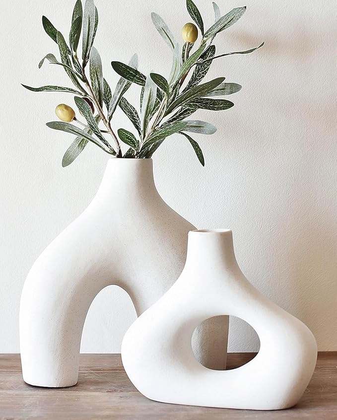 Carrot's Den Ceramic Modern Vase Set of 2, Donut Shelf Decor, Warm White | by CarrotsDen