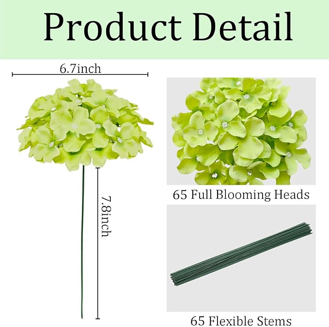 65Pcs Green Hydrangea Artificial Flowers Bulk，Realistic Silk Fake Flowers - Image 2