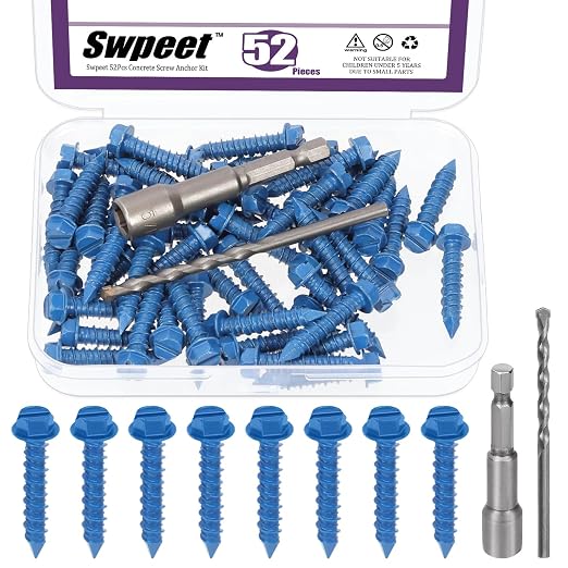 Swpeet 52Pcs 1/4" x 1-1/4" Slotted Hex Washer Head Concrete Screws Anchor by Swpeet