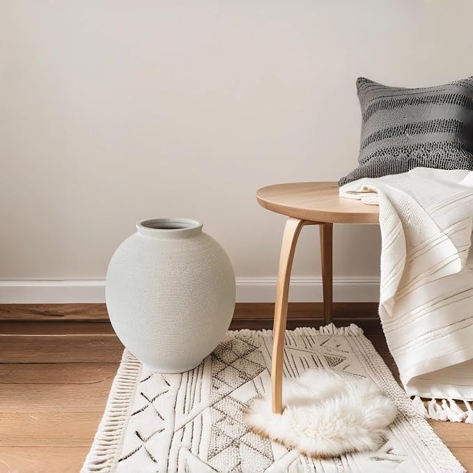 Extra Large White Ceramic Vase, 12.5" H Sandstone White | Round Farmhouse Design - Image 6